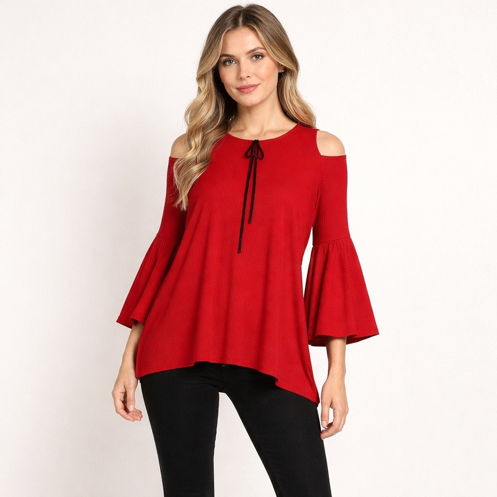 IC by Connie K Women's Blouse Sz‎ M Red Cold Shoulder Bell Sleeve Slinky Vamp